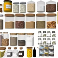 Various Spice Jars With Wooden Lids For Storing Grains Seeds And Condiments In Kitchen
