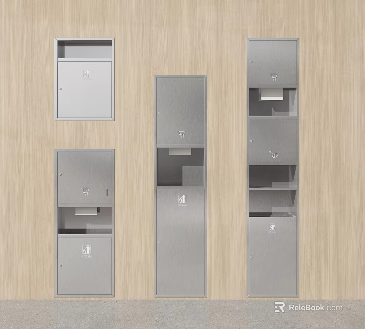 Public Facility Multiple Silver Metal Lockers With Various Designs Mail Slots And Wooden Background 3d model 