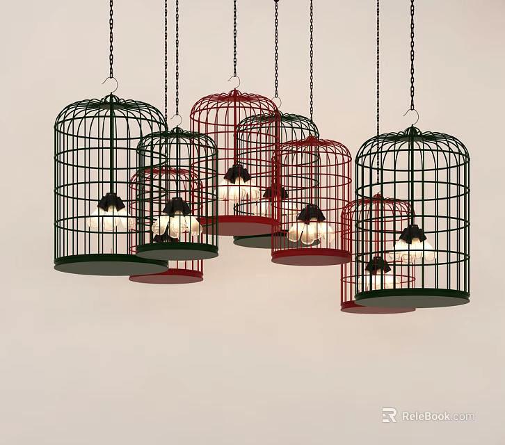 Multiple Decorative Green And Red Birdcage Pendant Lights Hanging With Bulbs 3d model 