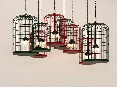 Multiple Decorative Green And Red Birdcage Pendant Lights Hanging With Bulbs 3d model