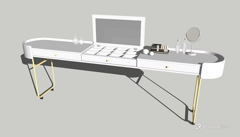 Modern White Dressing Table With Gold Legs Large Mirror And Cosmetics 3d model