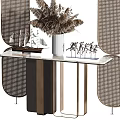 Modern Console Table With Dried Pampas Grass Ship Model And Perforated Screens