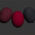 Three Metallic Helmets In Crimson Red And Black With Ornate Designs