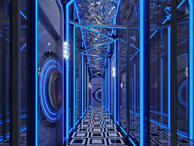 Modern KTV Corridor Interior Design With Mirror Walls Blue Neon Lights And Geometric Floor 3d model