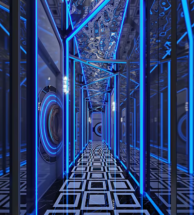 Modern KTV Corridor Interior Design With Mirror Walls Blue Neon Lights And Geometric Floor 3d model