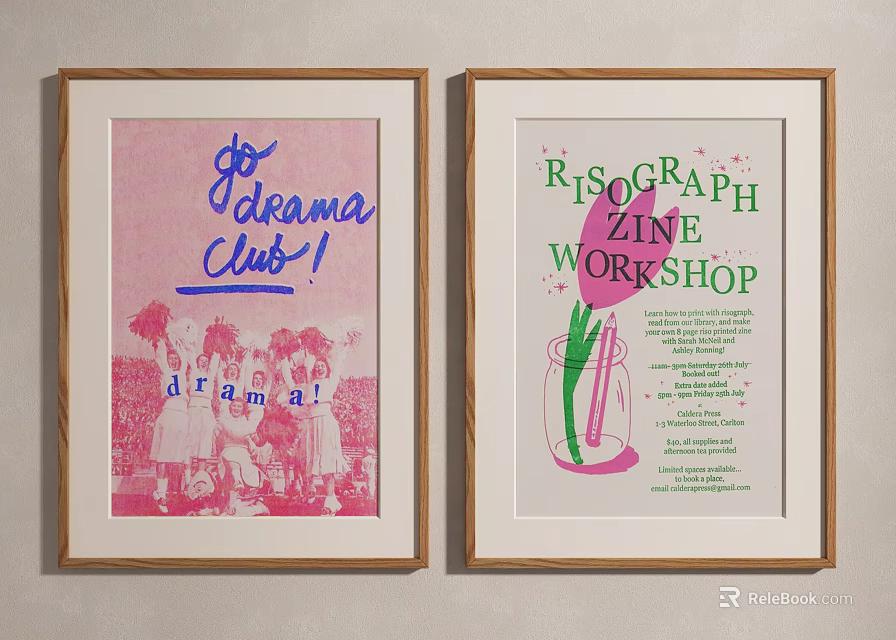 Framed Dream Club And RISOgraph ZINE Workshop Posters With Pink Green Design 3d model 