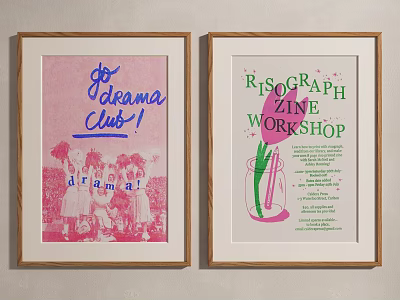 Framed Dream Club And RISOgraph ZINE Workshop Posters With Pink Green Design 3d model
