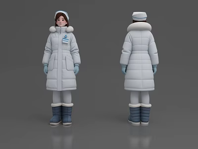 Woman Wearing White Padded Long Coat With Fur Collar Hat Gloves And Blue Boots 3d model