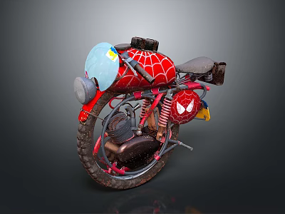 Spider Man Themed Red Motorcycle with Headlight Seat and Decorative Details 3d model