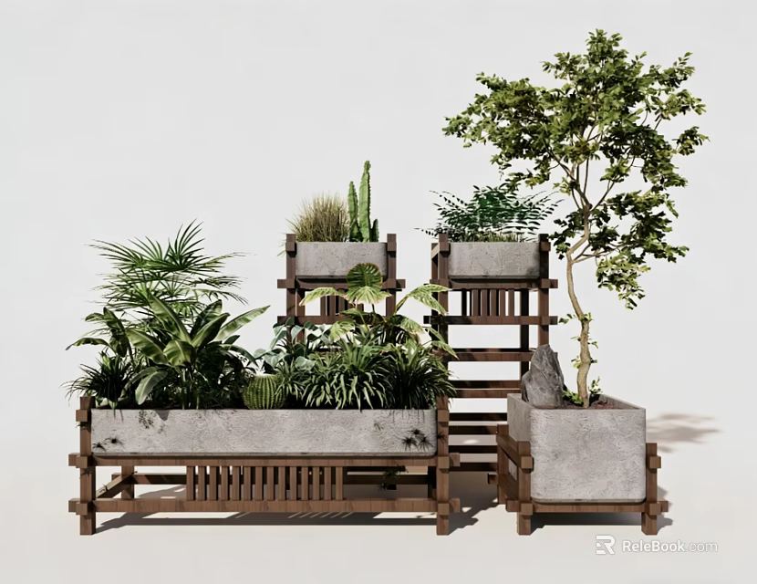 Bonsai and Potted Plants with Various Greenery in Wooden and Concrete Stands of Different Heights 3d model 