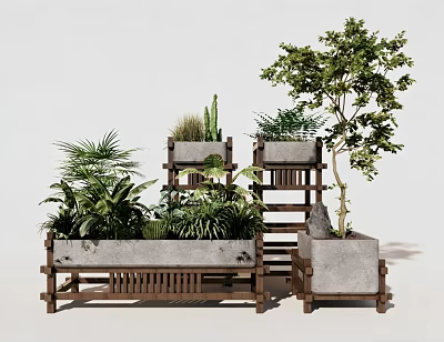 Bonsai and Potted Plants with Various Greenery in Wooden and Concrete Stands of Different Heights 3d model