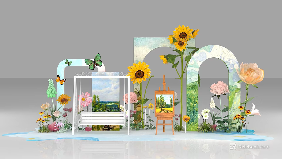 Vibrant Garden Scene With Sunflowers Butterflies Bench Easel And Floral Decor 3d model 