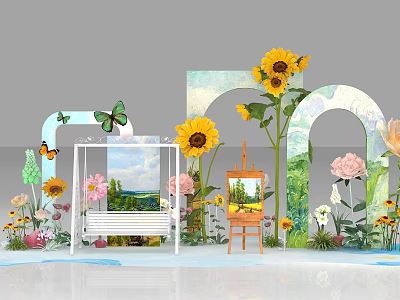 Vibrant Garden Scene With Sunflowers Butterflies Bench Easel And Floral Decor 3d model