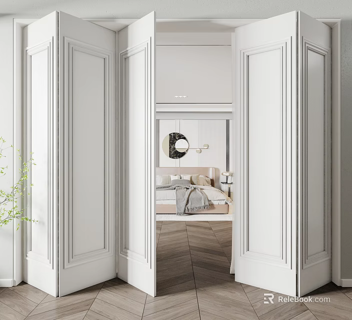 Modern White Folding Doors Open Between Living Room And Bedroom Interior 3d model 