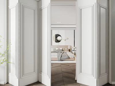 Modern White Folding Doors Open Between Living Room And Bedroom Interior 3d model