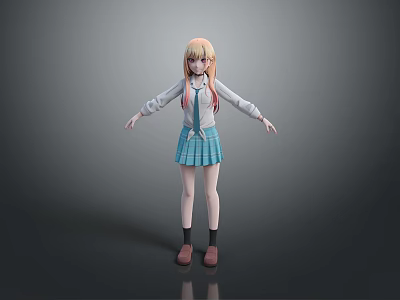 Game Movie Character with Blonde Hair Blue Plaid Skirt and White Coat Standing Pose 3d model