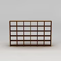 Tech Exhibition Hall Interior Featuring Brown Wooden Bookshelf Multiple Compartments White Background