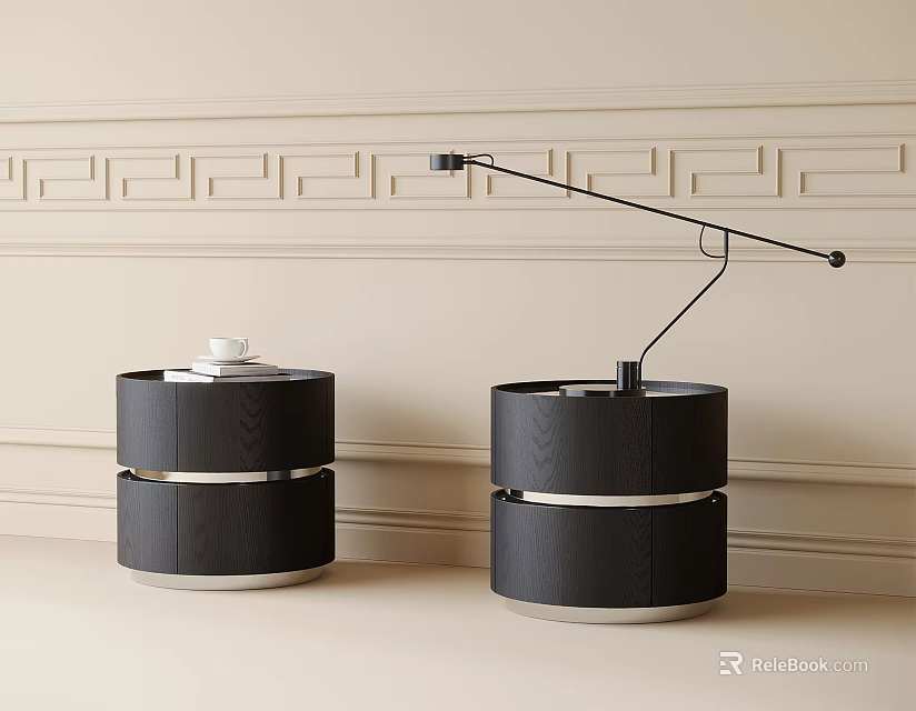 Black Cylindrical Wooden Bedside Tables With Metal Accents And Floor Lamp 3d model 