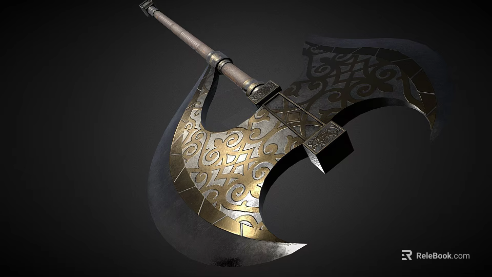 Ornate Ancient Axe With Intricate Golden Carvings And Sturdy Wooden Handle 3d model 