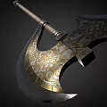 Ornate Ancient Axe With Intricate Golden Carvings And Sturdy Wooden Handle