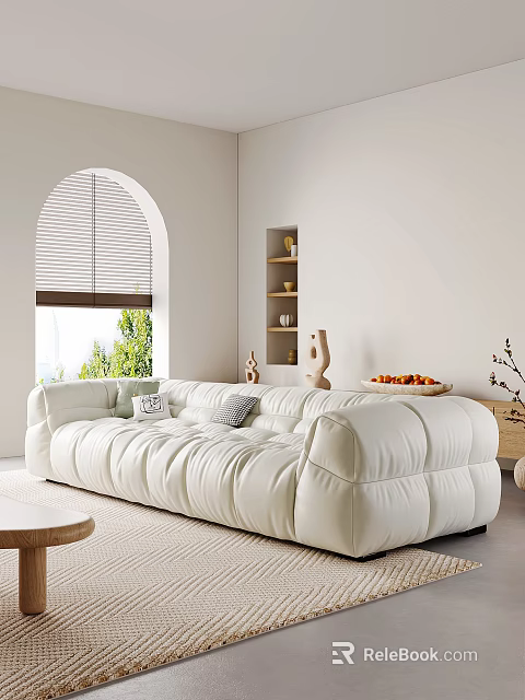 Modern Living Room Interior With White Sofa Arched Window Blinds Wall Shelves And Decorative Items 3d model 