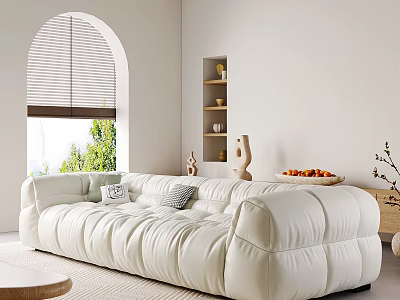 Modern Living Room Interior With White Sofa Arched Window Blinds Wall Shelves And Decorative Items 3d model