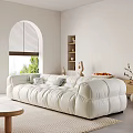 Modern Living Room Interior With White Sofa Arched Window Blinds Wall Shelves And Decorative Items