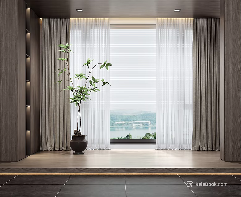 Modern Minimalist Window Curtains With Sheer Panels Drapes Green Plant And Outside View 3d model 