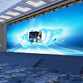 Spacious Conference Hall With Neatly Arranged White Seats Stage Lighting And Blue Patterned Carpet