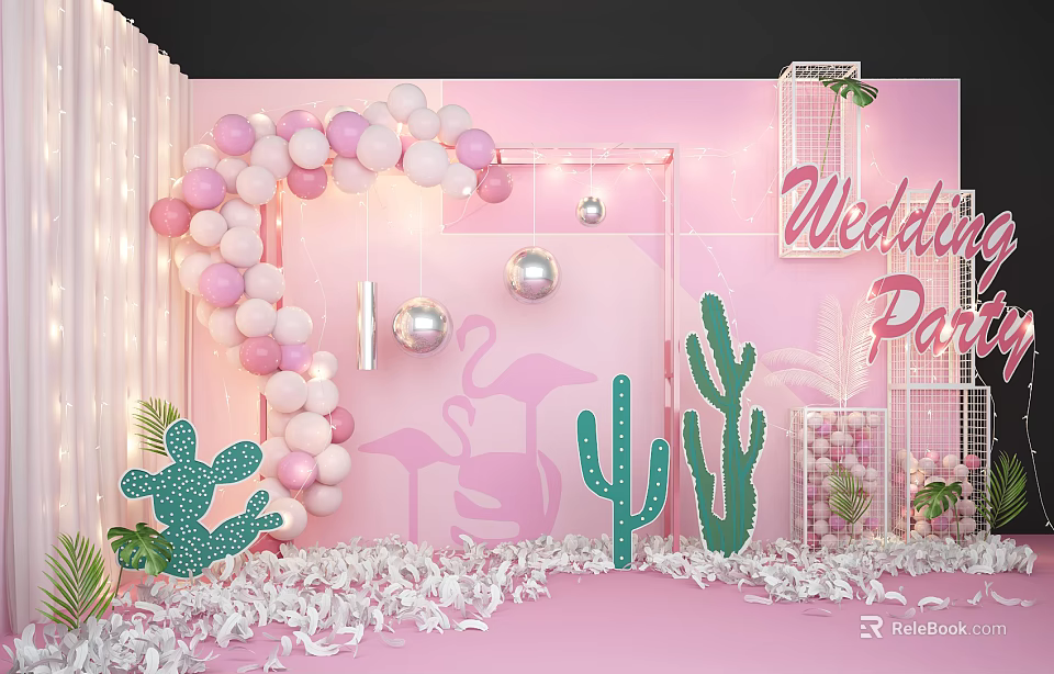 Wedding Party Scene With Pink Balloon Arch Flamingo Cactus White Confetti And Green Plants 3d model 