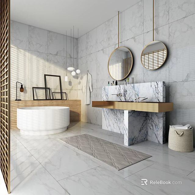 Modern Bathroom With Marble Walls Double Round Mirrors Freestanding White Bathtub And Wooden Vanity Base 3d model 