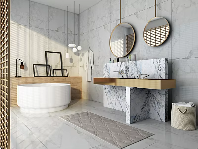 Modern Bathroom With Marble Walls Double Round Mirrors Freestanding White Bathtub And Wooden Vanity Base 3d model