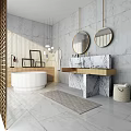 Modern Bathroom With Marble Walls Double Round Mirrors Freestanding White Bathtub And Wooden Vanity Base