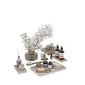 Elegant Daily Wash Essentials With Rolled Towels Soap Bottles Wooden Brush And White Flowers