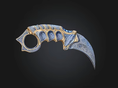 Ornate Karambit Claw Knife With Blue Gold Details And Intricate Patterns 3d model
