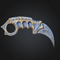 Ornate Karambit Claw Knife With Blue Gold Details And Intricate Patterns