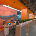 Modern Public Office Space With Orange Walls Blue Ceiling Multiple Workstations And Green Plants Computers 3d model