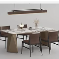 Dining Table Set with Marble Top Geometric Base Brown Chairs and Rectangular Pendant Light 3d model