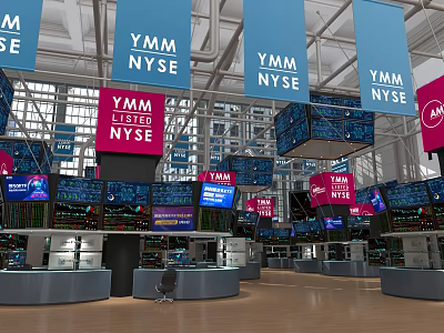 NYSE Trading Floor With YMM Listed Banners And Digital Stock Screens 3d model