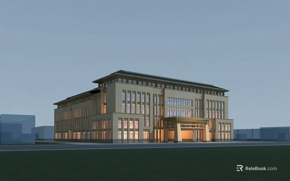 Modern Office Building With Traditional Roof Design Glass Windows And Illuminated Facade 3d model 