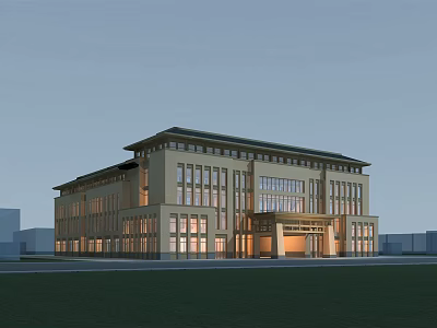 Modern Office Building With Traditional Roof Design Glass Windows And Illuminated Facade 3d model