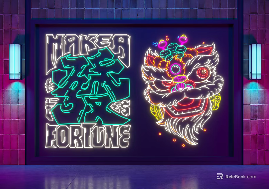 Decorative Neon Lighting With Lion Head Design And Makers Fortune Lettering On Brick Wall 3d model 