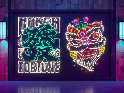 Decorative Neon Lighting With Lion Head Design And Makers Fortune Lettering On Brick Wall 3d model