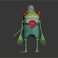 Cartoon Frog with Silver Chef Hat Red Eyes Green Pants Red Badge and Blue Spoon