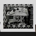 Large Black And White Art Painting With Central Figures And Surrounding Portrait Heads On Wall