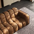Modern Living Room Interior With Brown Leather Sofa Wooden Wall Artwork Floor Lamp And Rug