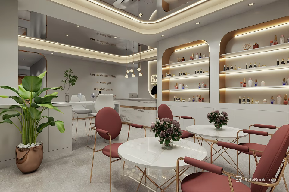 Elegant Beauty Hair Salon Interior With Marble Tables Red Chairs Green Plants And Product Shelves 3d model 