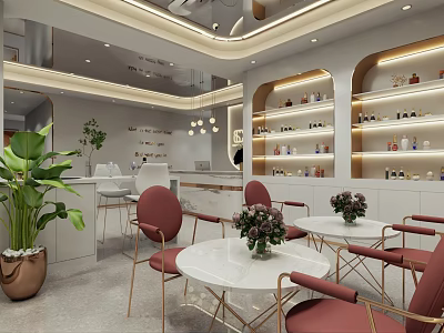 Elegant Beauty Hair Salon Interior With Marble Tables Red Chairs Green Plants And Product Shelves 3d model
