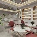 Elegant Beauty Hair Salon Interior With Marble Tables Red Chairs Green Plants And Product Shelves