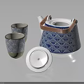 Elegant Blue And White Geometric Pattern Teapot With Orange Handle And Two Cups
